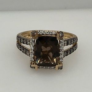 LeVian 14K Yellow Gold Brown Cushion Smoky Quartz Diamonds Ring